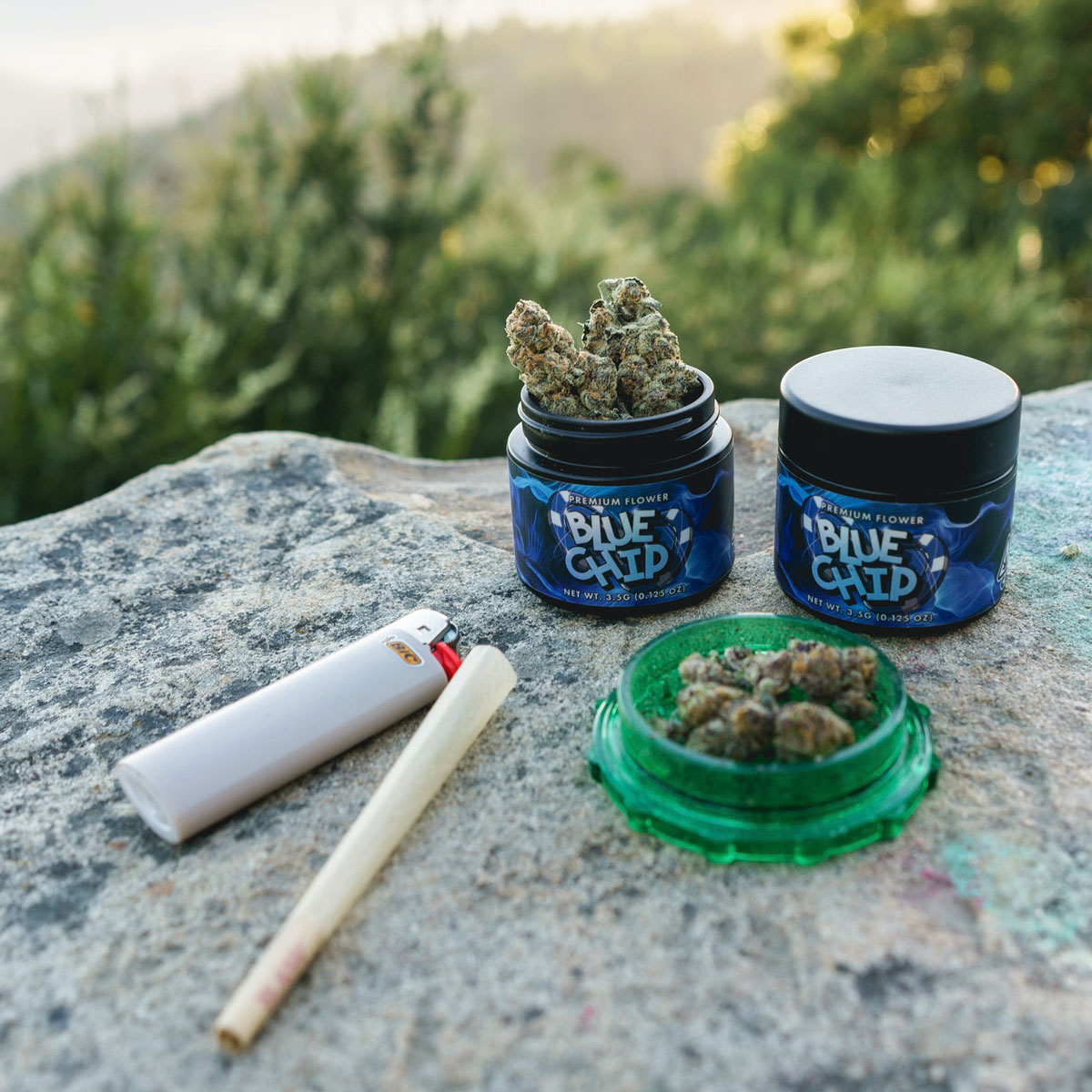 Blue Chip Dispensary Products Sitting on a Rock